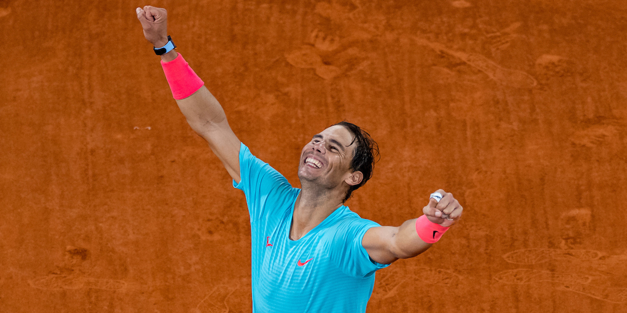 Rafael Nadal celebrates winning the 2020 French Open