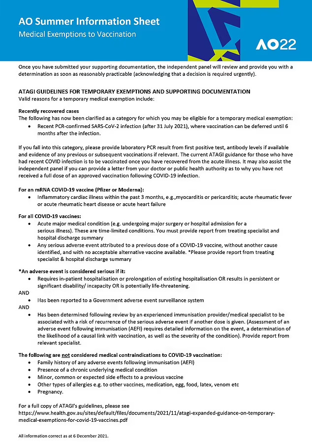 Tennis Australia information sheet