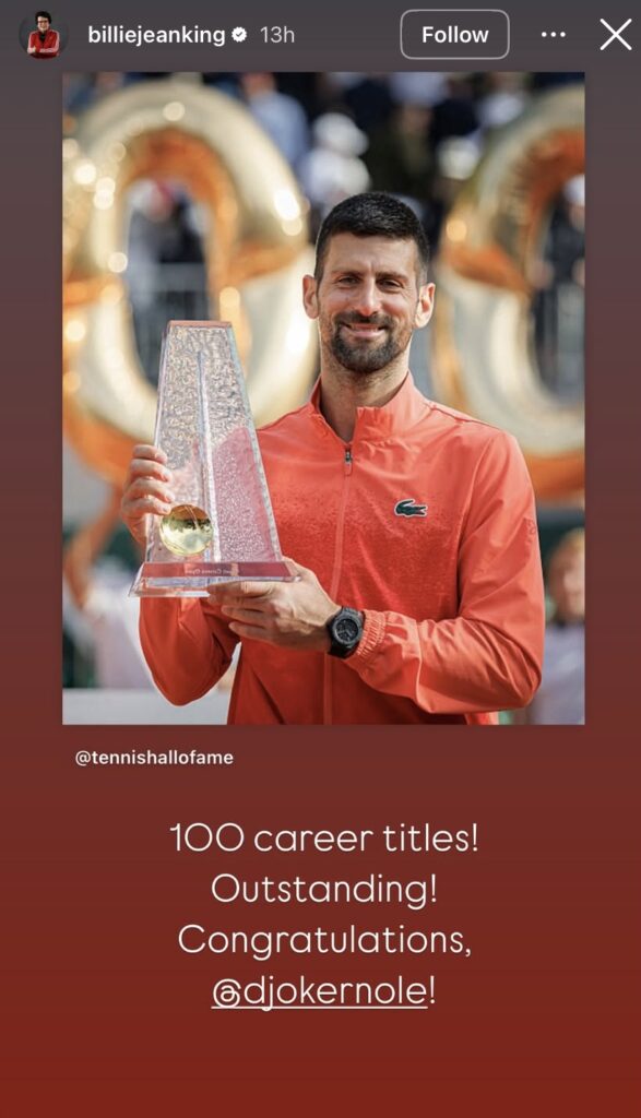 Billie Jean King congratulates Novak Djokovic after his victory at the Geneva Open.