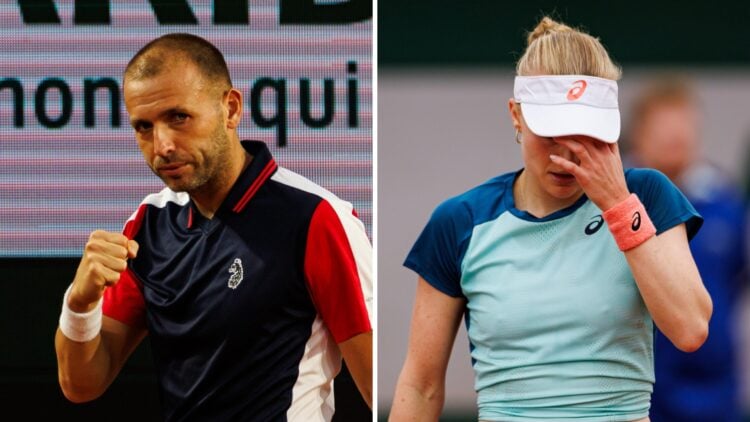 Split image of Daniel Evans of Great Britain celebrates during his match against Holger Rune of Denmark in the first round at Roland Garros and Har...