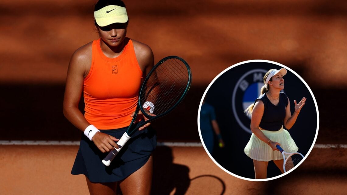 Emma Raducanu (left) looks downbeat and Danielle Collins (right) in circle overlay shouts