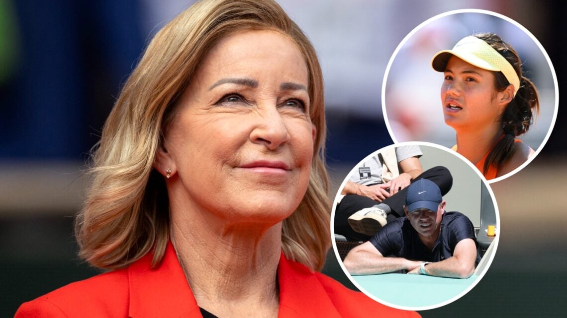 Chris Evert (left) looks on, Emma Raducanu (right) in circle overlay and Mark Petchey (right) in circle overlay