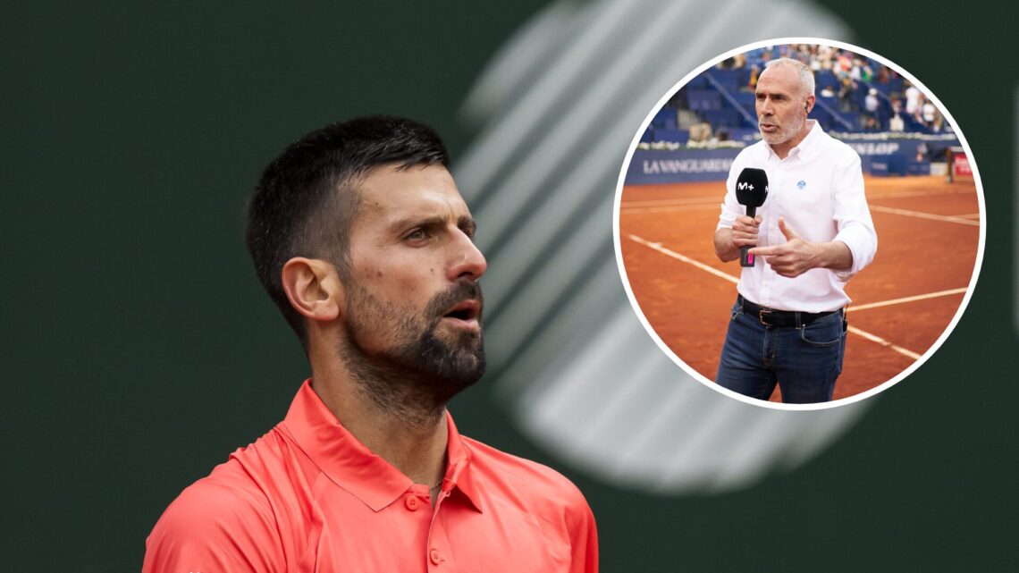 Novak Djokovic reacts during his match against Hungary's Marton Fucsovics at the ATP 250 Geneva Open tennis tournament in Geneva, with an inset of ...