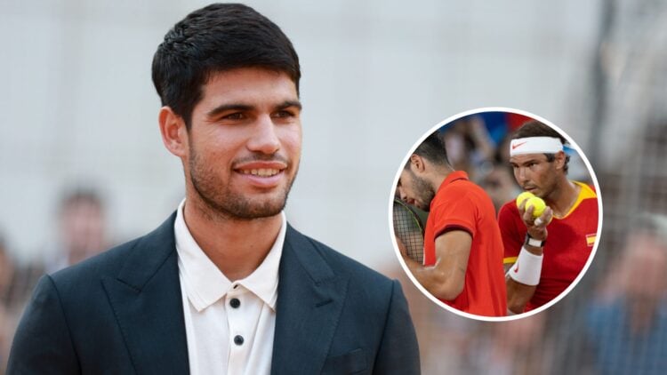 Carlos Alcaraz (left) smiles and Carlos Alcaraz Rafael Nadal (right) speak in circle overlay