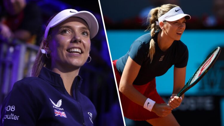 Katie Boulter of Great Britain walks out during the Billie Jean King Cup Finals Round of 16. Katie Boulter of Great Britain looks on against Jasmin...