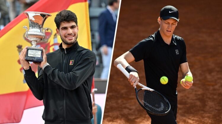 Carlos Alcaraz (left) poses with Italian Open trophy and Jannik Sinner (right) accepts a ball from a ball boy