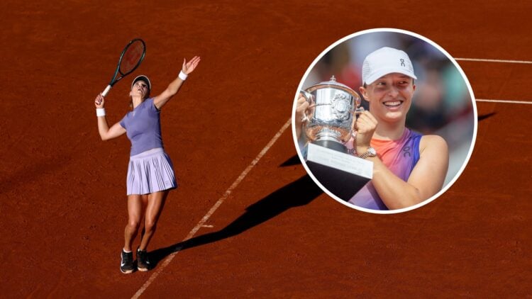 Katie Boulter (left) serves and Iga Swiatek (right) holds Roland Garros trophy in circle overlay