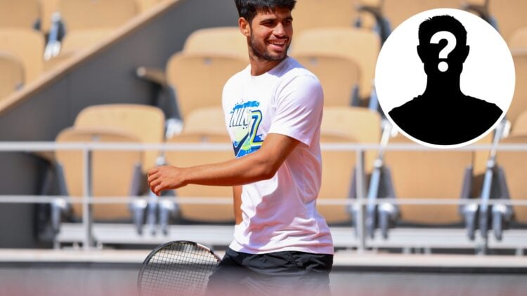 Carlos Alcaraz of Spain reacts while training in preparation for the 2025 French Open Tennis Tournament at Roland Garros, with an inset of a myster...