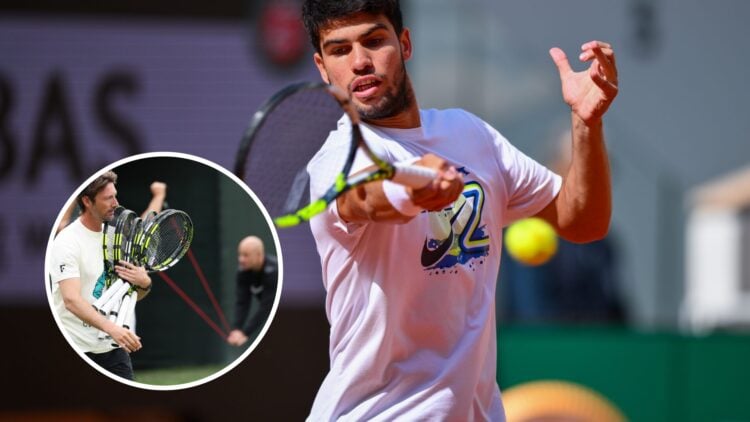 Carlos Alcaraz (right) strikes a forehand and Juan Carlos Ferrero (left) in a circle overlay carries rackets