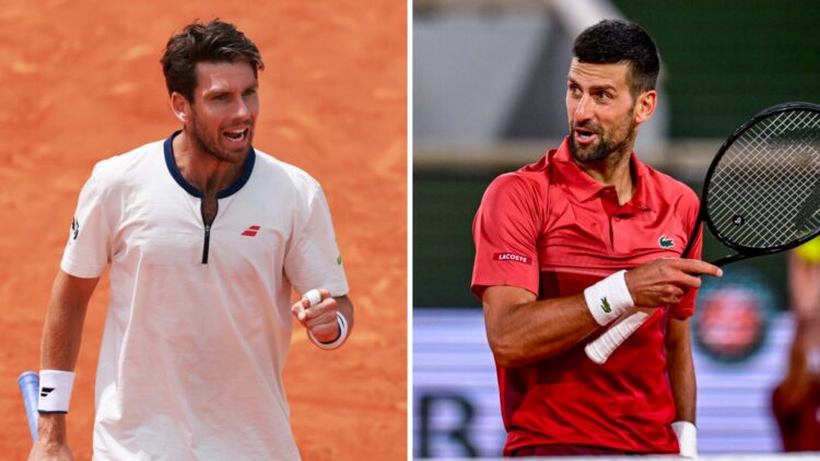Cameron Norrie (left) pumps his fist and Novak Djokovic (right) complains