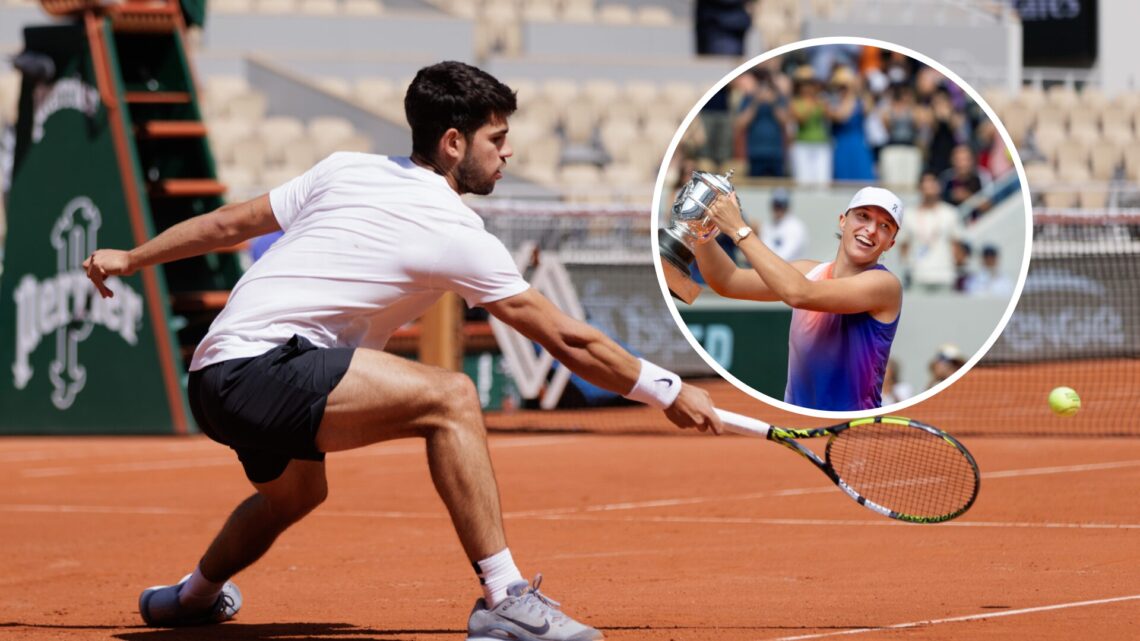 Carlos Alcaraz (left) practices at Roland Garros and Iga Swiatek (right) in a circle overlay holds the French Open trophy