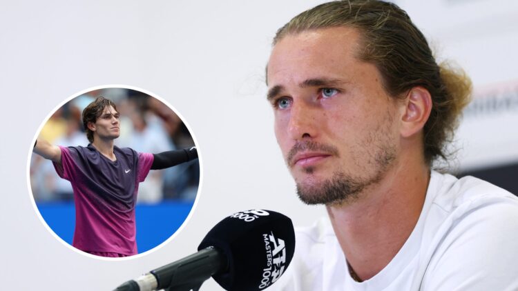 Alexander Zverev (right) speaks into a microphone and Jack Draper (left) in a circle overlay lifts his arms wide in celebration