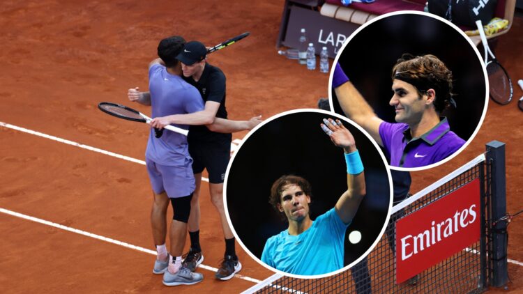 Jannik Sinner and Carlos Alcaraz (left) hug, Rafa Nadal and Roger Federer (right) both wave to fans in overlapping circle overlays