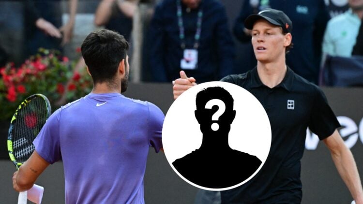 Carlos Alcaraz and Jannik Sinner shake hands and a mystery player in a circle overlay (right)
