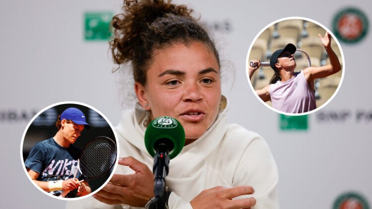 Jasmine Paolini (centre) answers a question at press conference, Jannik Sinner (left) fixes his racket in circle overlay and Iga Swiatek (right) se...