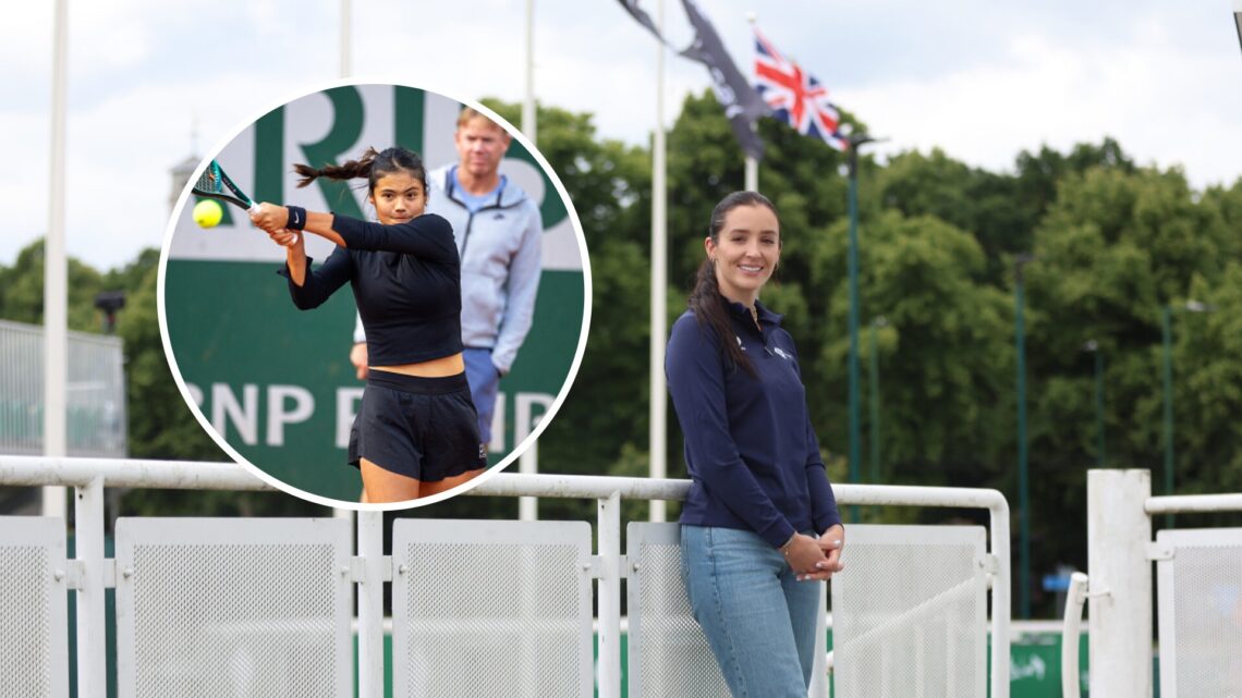 Laura Robson (left) smiles for a photo, Emma Raducanu and Mark Petchey (left) in circle overlay practise