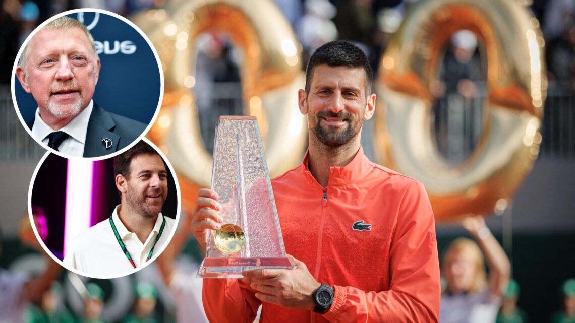 Novak Djokovic celebrates his victory over Poland's Hubert Hurkacz at the end of their final match at the ATP 250 Geneva Open tennis tournament, wi...