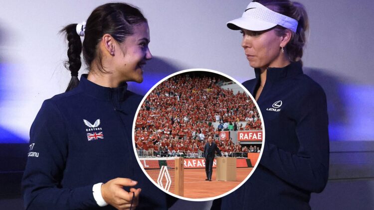 Emma Raducanu (left) and Katie Boulter (right) bump fists, Rafael Nadal (middle) in a circle overlay looks at Philippe Chatrier crowd