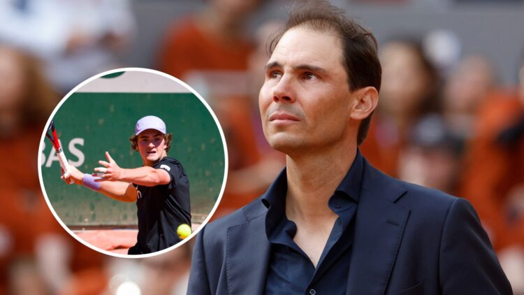Joao Fonseca (left) hits a forehand in circle overlay and Rafa Nadal (right) looks emotional