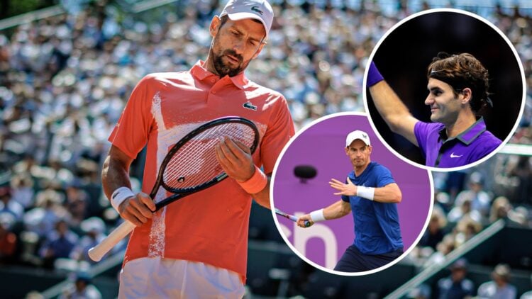 Novak Djokovic (left) looks at his racket, Andy Murray (right) in circle overlay prepares to hit a forehand and Roger Federer (right) waves in circ...