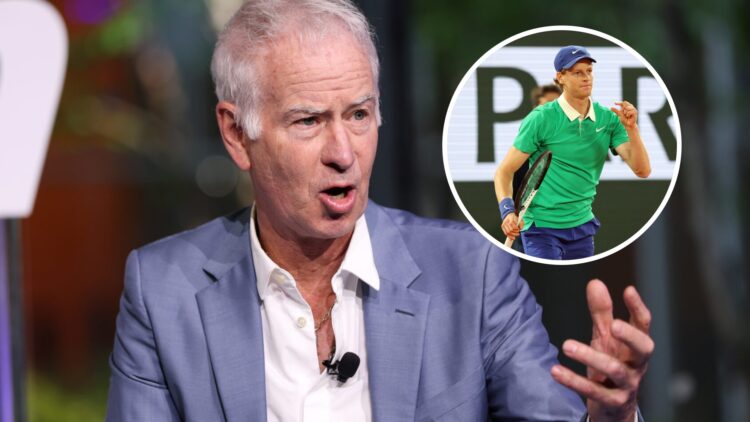 John McEnroe (left) lifts his hand to speak and Jannik Sinner (right) gestures to his coaches in circle overlay