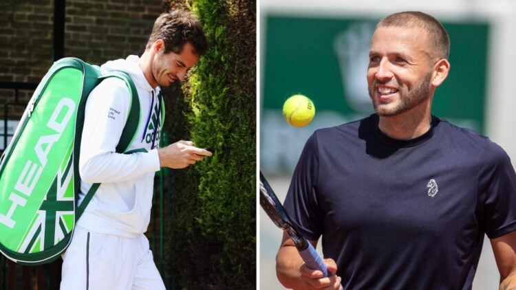 Split image of Andy Murray of Great Britain checks his phone after a practice session on day eight of the Wimbledon Lawn Tennis Championships at th...