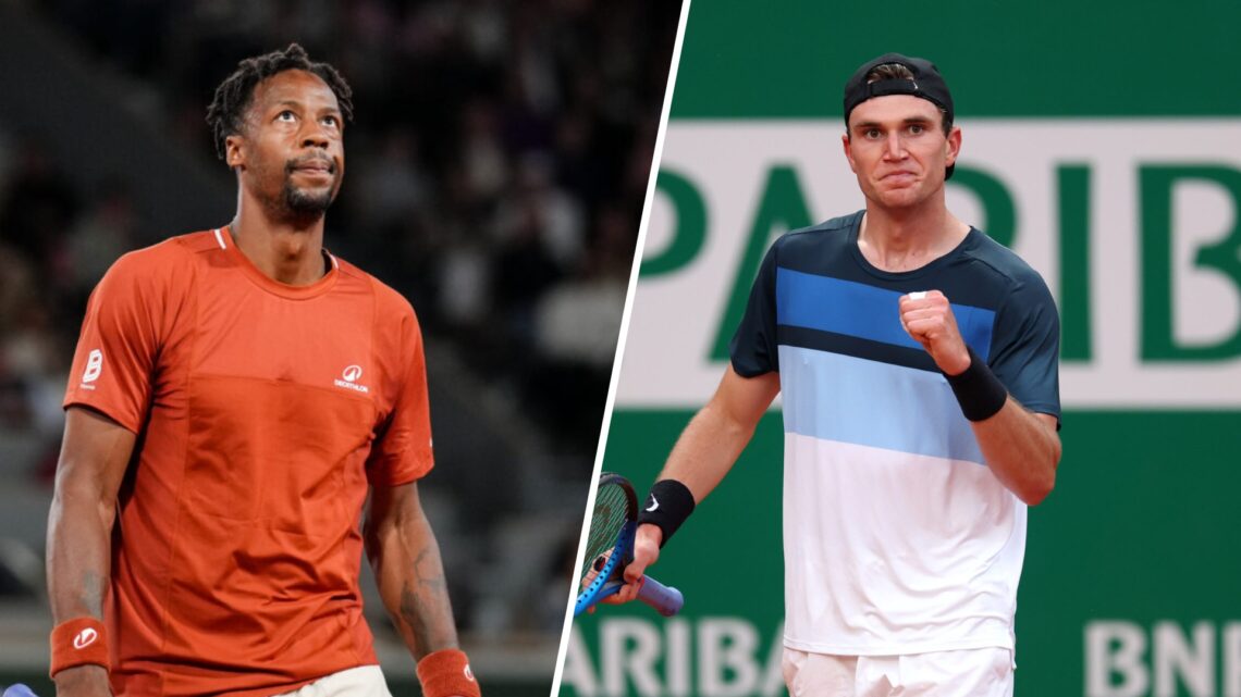 Gael Monfils (left) looks on and Jack Draper (right) pumps his fist