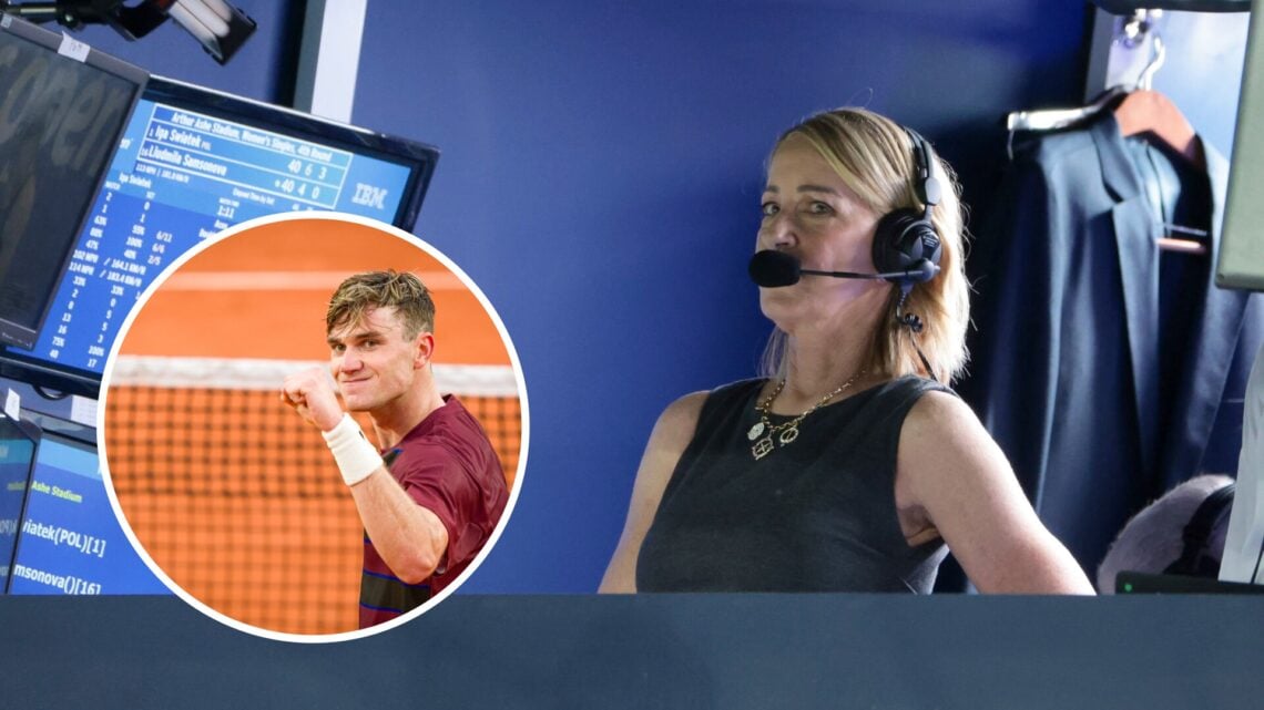 Jack Draper (left) in a circle overlay pumps his fist and Chris Evert (right) speaks into a headset microphone