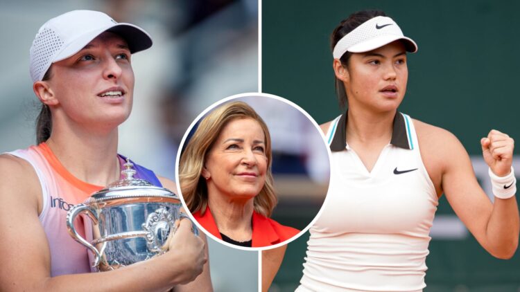 Iga Swiatek (left) holds the French Open trophy, Chris Evert (middle) in a circle overlay and Emma Raducanu (right) pumps her fist