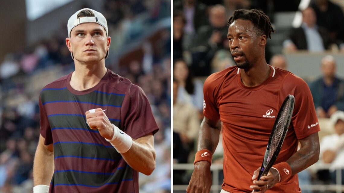 Jack Draper (left) pumps his fist and Gael Monfils (right) looks on
