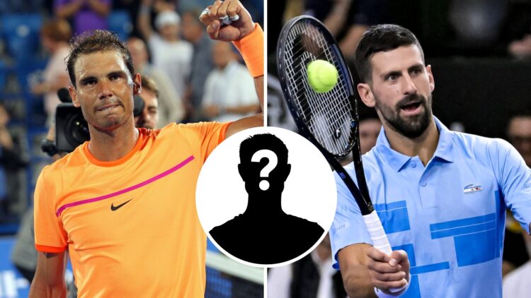 Rafael Nadal (left) holds his fist up, Novak Djokovic (right) hits a forehand volley and a mystery player (middle) in a circle overlay