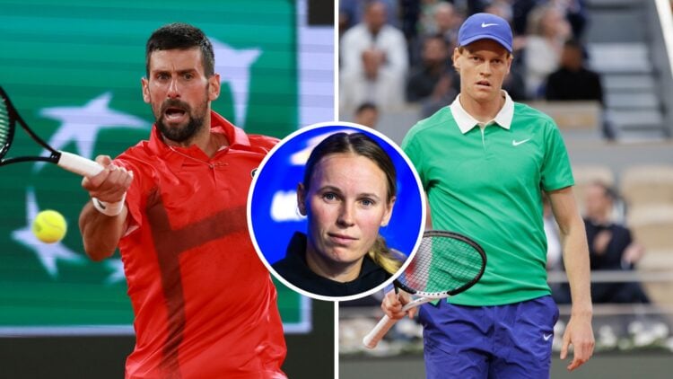 Split image of Novak Djokovic of Serbia plays a forehand against Mackenzie McDonald of United States during the Men's Singles First Round match dur...