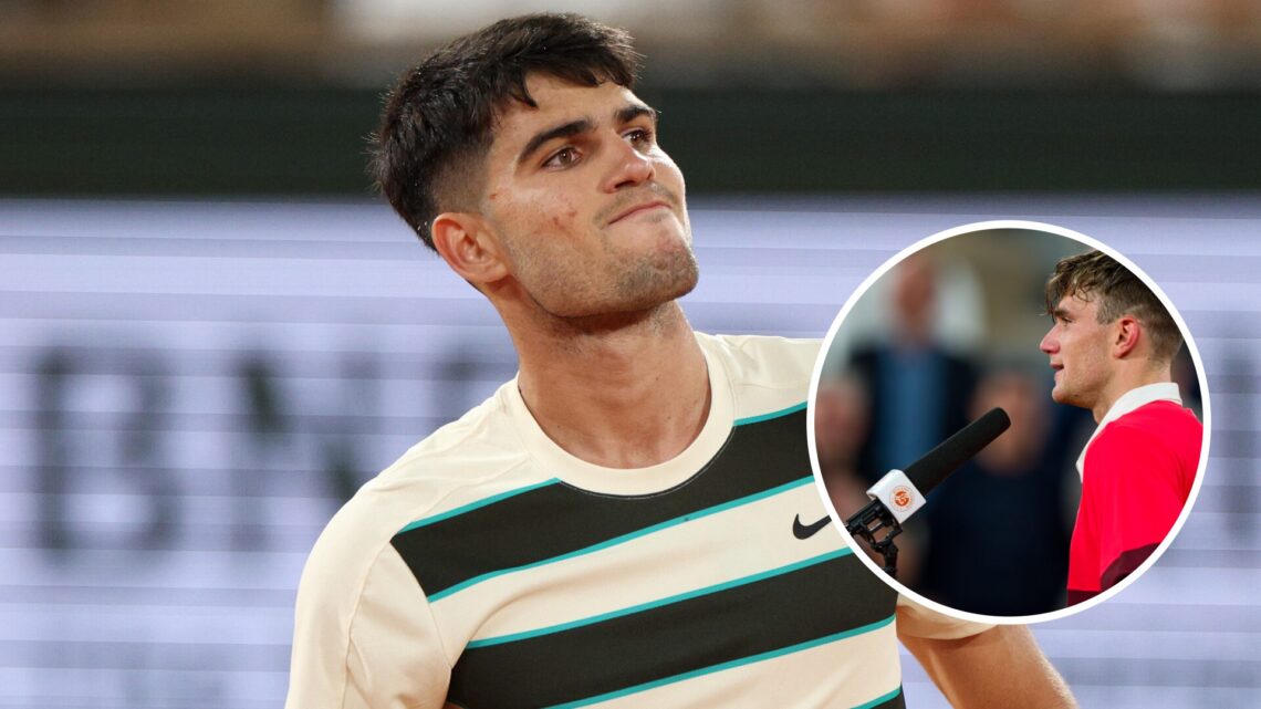 Carlos Alcaraz (left) looks concerned and Jack Draper (right) speaks into a microphone in a circle overlay