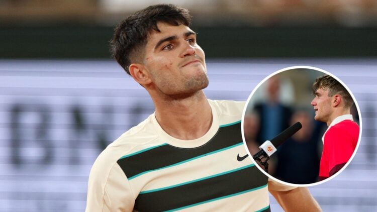 Carlos Alcaraz (left) looks concerned and Jack Draper (right) speaks into a microphone in a circle overlay