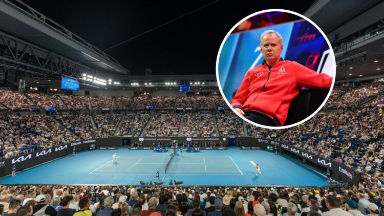Overview of the Rod Laver Arena and Pat McEnroe (left) in circle overlay