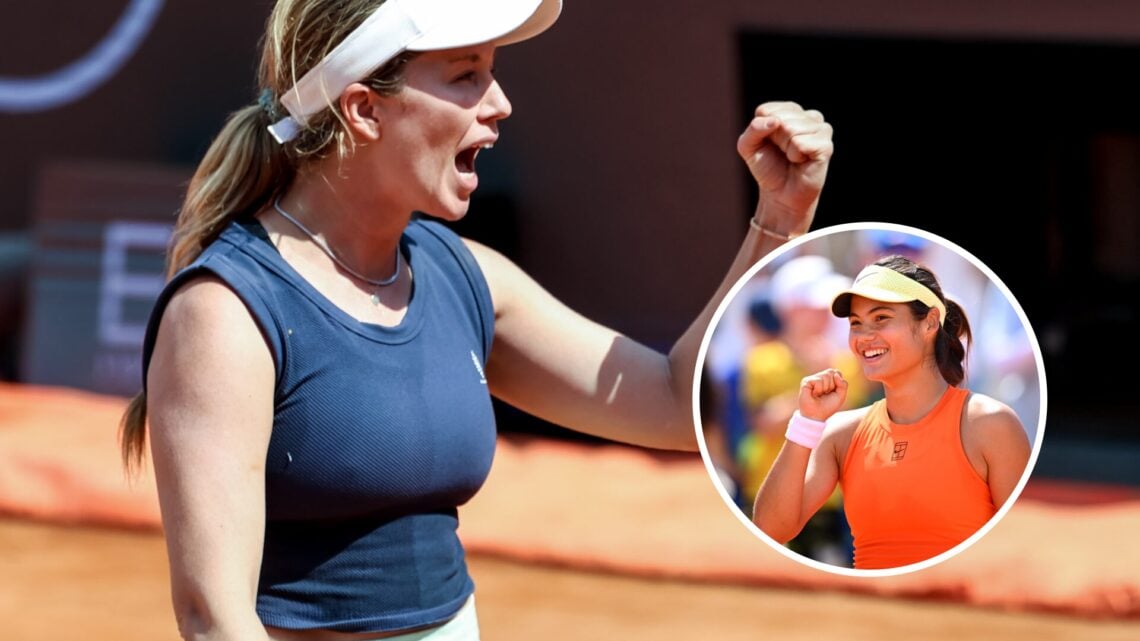 Danielle Collins (left) pumps her first, Emma Raducanu (right) in a circle overlay