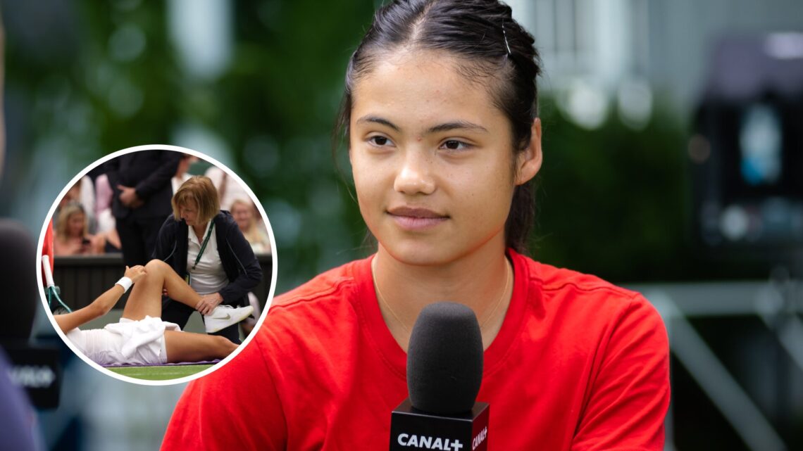 Emma Raducanu (right) looks on, Emma Raducanu (left) in circle overlay gets seen by the physio