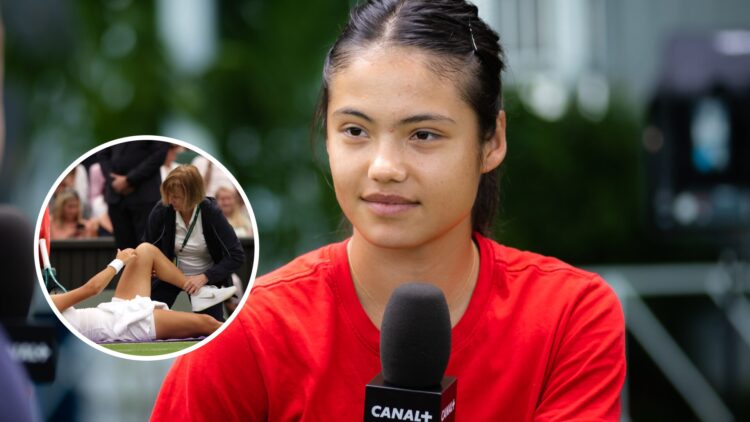 Emma Raducanu (right) looks on, Emma Raducanu (left) in circle overlay gets seen by the physio