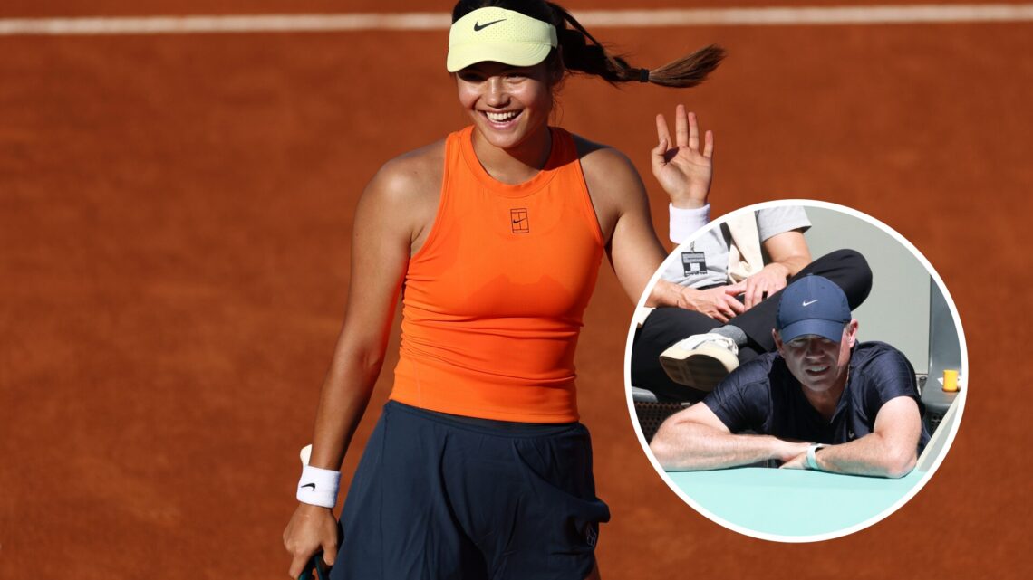 Emma Raducanu (left) smiles and waves and Mark Petchey (right) in a circle overlay looks on