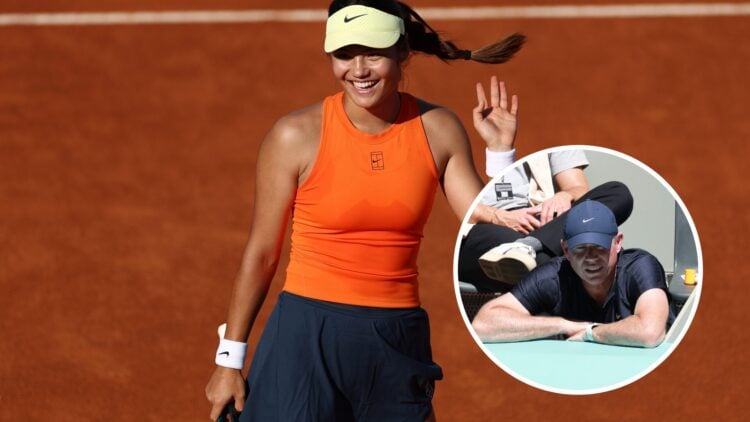 Emma Raducanu (left) smiles and waves and Mark Petchey (right) in a circle overlay looks on