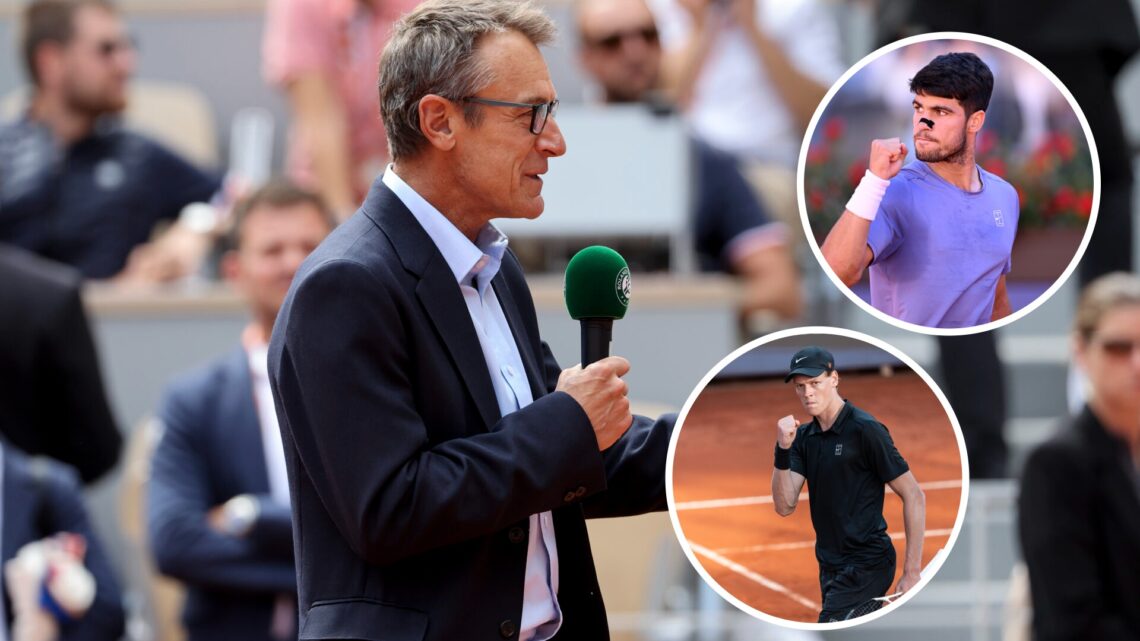 Mats Wilander (left) speaks with a microphone, Carlos Alcaraz (left) in circle overlay pumps fist and Jannik Sinner (left) in circle overlay pumps ...
