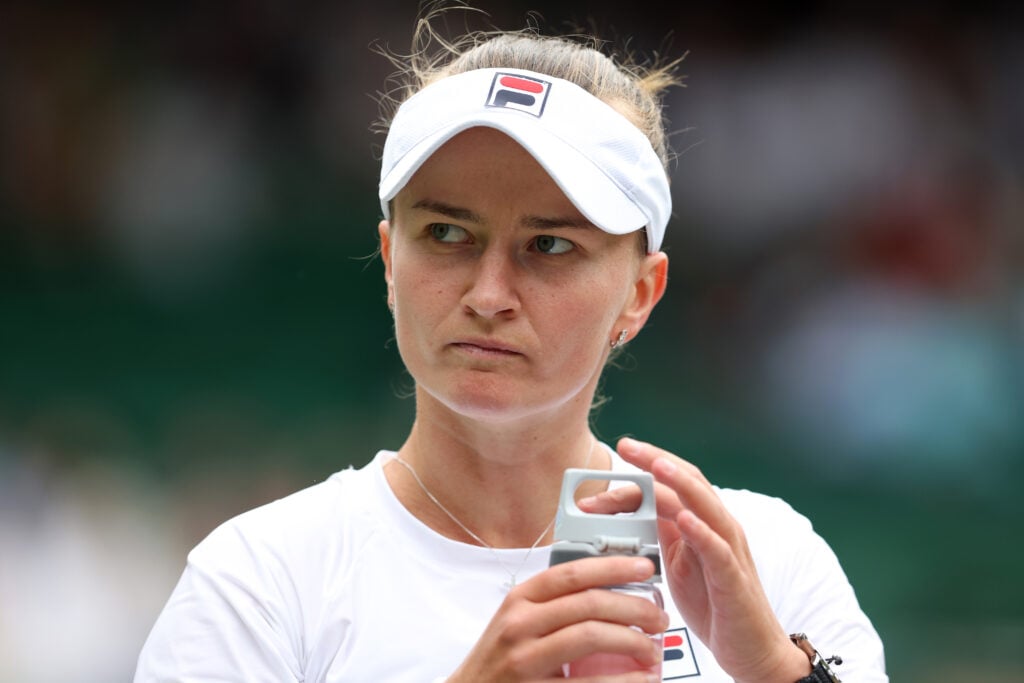 Barbora Krejcikova (CZE) during her Ladies' Singles Quarter-Final match against Jelena Ostapenko (LAT) during day ten of The Championships Wimbledon 2024 at All England Lawn Tennis and Croquet Club on July 10, 2024 in London, England.