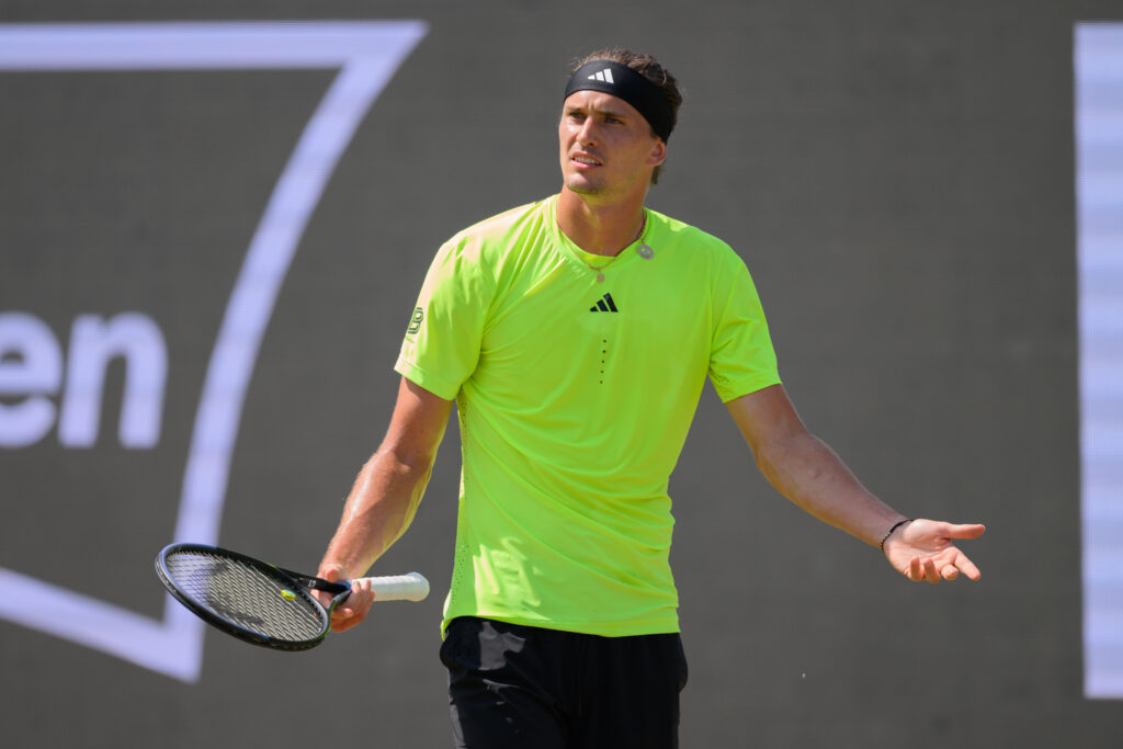 Alexander Zverev of Germany gestures in his quarterfinal match against Brandon Nakashima of United States of America during day five of the BOSS Open 2025 on June 13, 2025 in Stuttgart, Germany.
