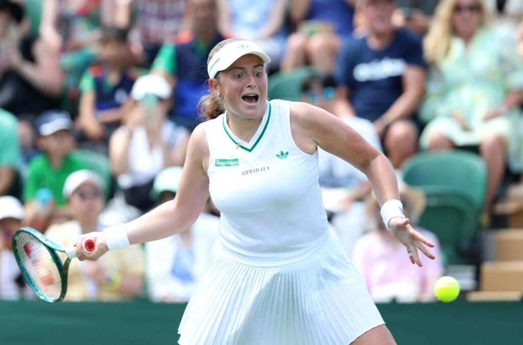 Jelena Ostapenko (LAT) [20] during her Ladies' Singles First Round match against Sonay Kartal (GBR) during day one of The Championships Wimbledon 2025 at All England Lawn Tennis and Croquet Club on June 30, 2025 in London, England.