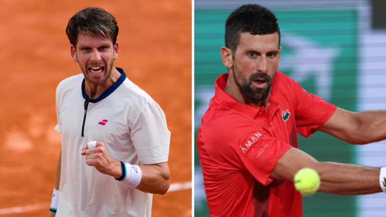 Novak Djokovic (right) focuses on the ball and Cam Norrie (left) pumps his fist
