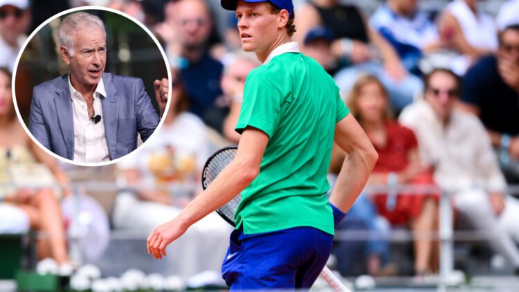 Jannik Sinner of Italy plays a looks on Richard Gasquet of France during the Men's Singles Second Round match on Day Five of the 2025 French Open a...