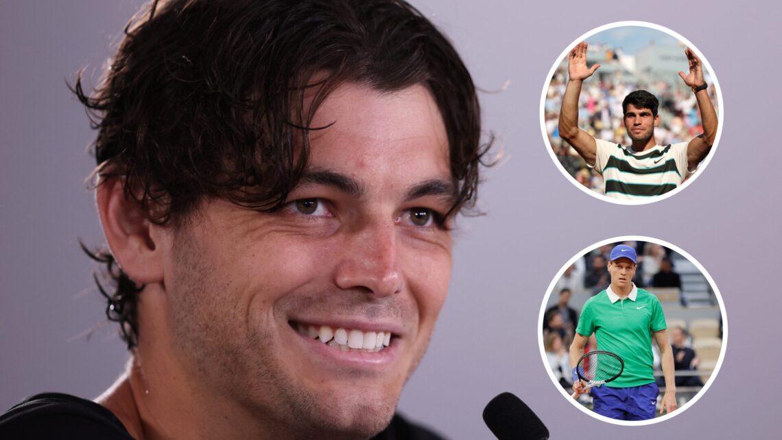Main: Taylor Fritz speaking. Inset: Carlos Alcaraz celebrating. Inset: Jannik Sinner playing a match at the French Open.