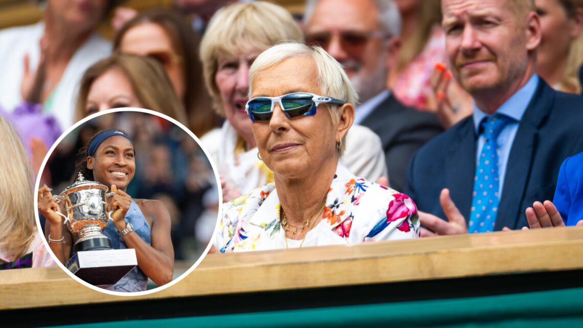 Coco Gauff (left) in a circle overlay holds the French Open trophy and Martina Navratilova (right) looks on