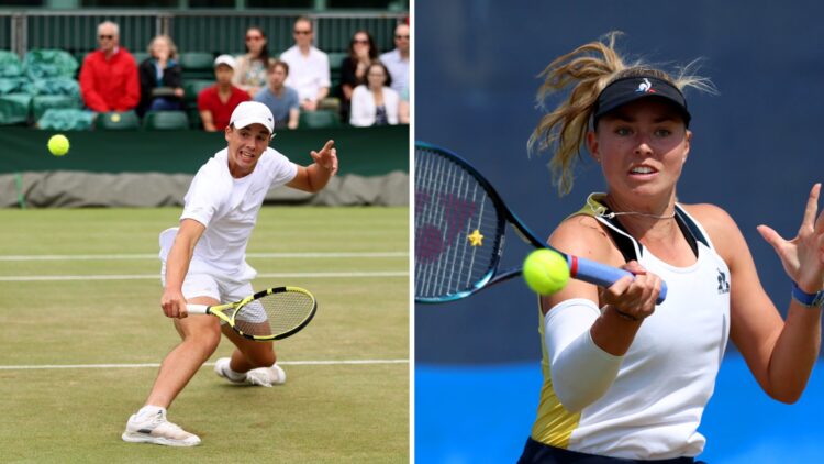 Left: Oliver Tarvet hits a sliding backhand shot at Wimbledon. Right: Emily Appleton hits a forehand.