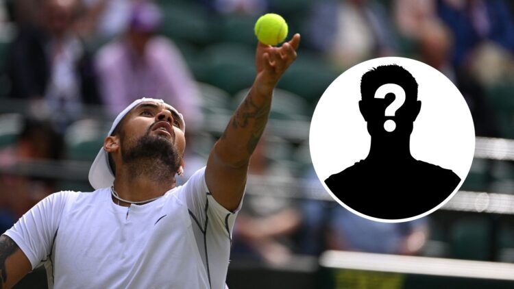 Main: Nick Kyrgios tossing the ball for a serve. Inset: mystery overlay on the right.